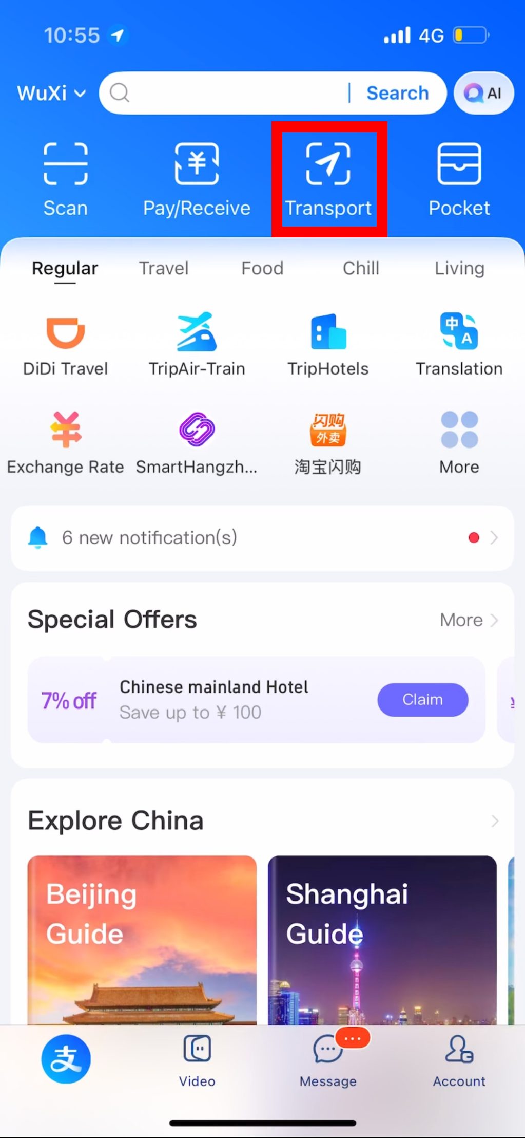 Bouton Transport sur la page d'accueil d'Alipay