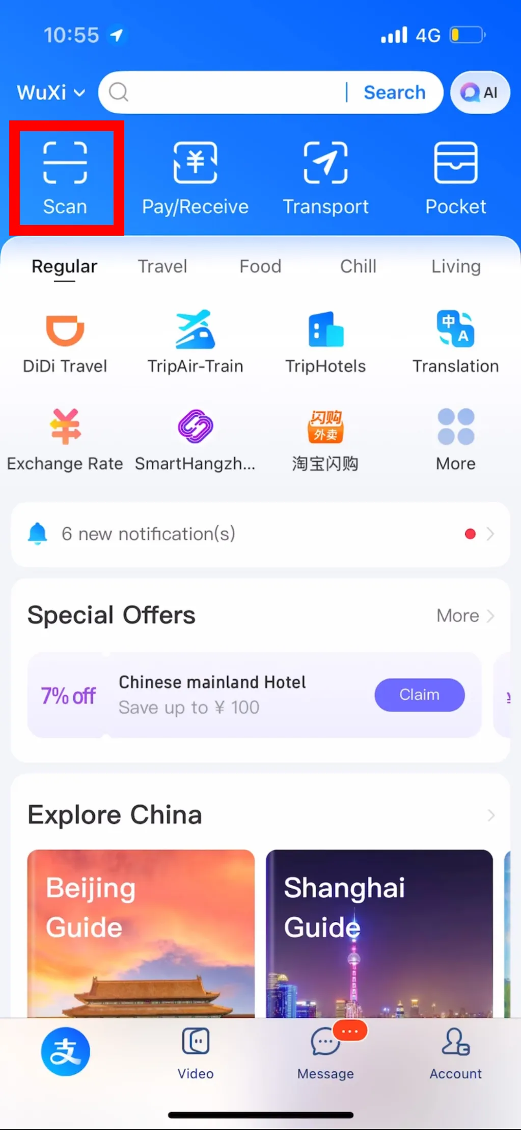 Écran d'accueil Alipay avec le bouton Scan mis en évidence